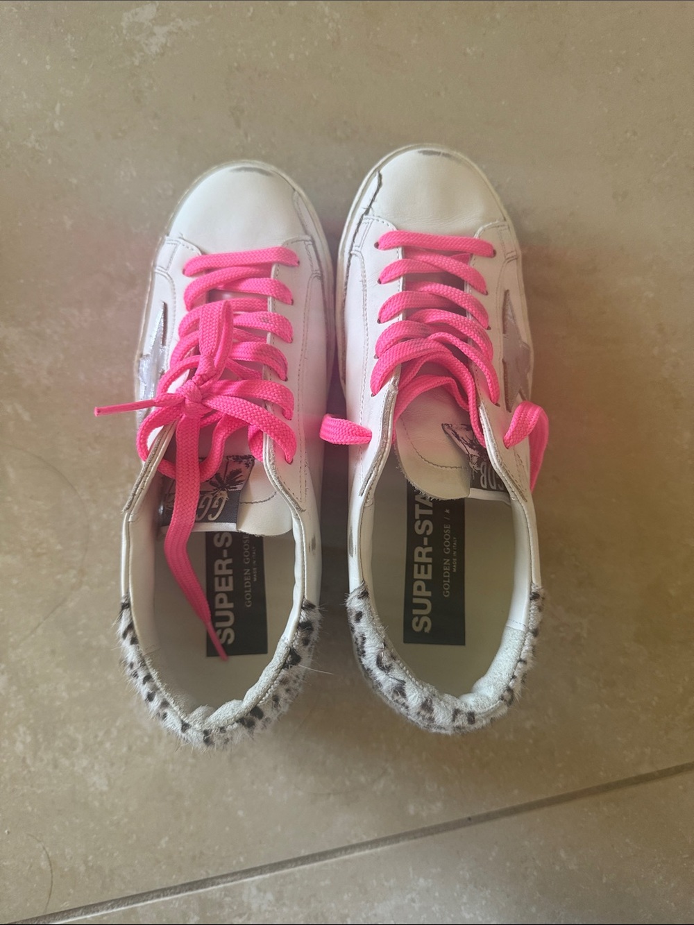 Golden Goose Kids White Sneakers with Leopard Accents & Pink Laces - Picture 2 of 4